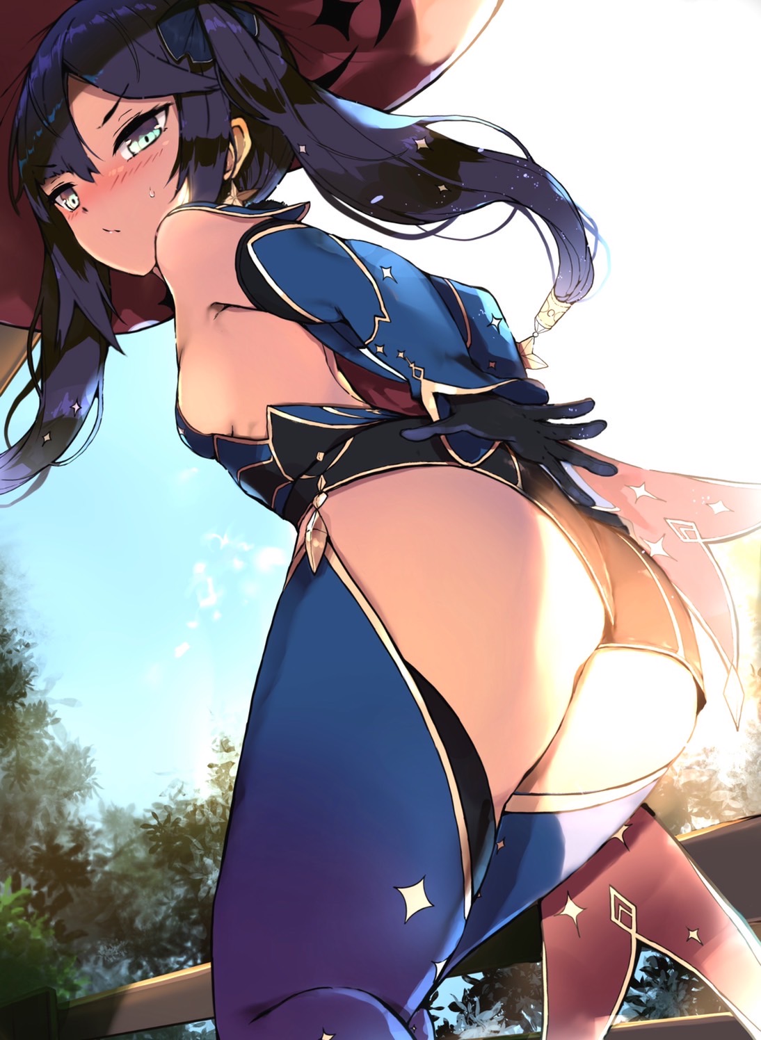 1girl ass bare_shoulders black_gloves blue_eyes blue_legwear blue_sky breasts cape earrings from_below genshin_impact gloves hair_ornament half-closed_eyes hat highres jewelry leotard long_sleeves mona_(genshin_impact) purple_hair sideboob sky small_breasts solo standing star_(symbol) star_earrings star_hair_ornament sweatdrop thigh-highs thighs twintails venomrobo witch_hat
