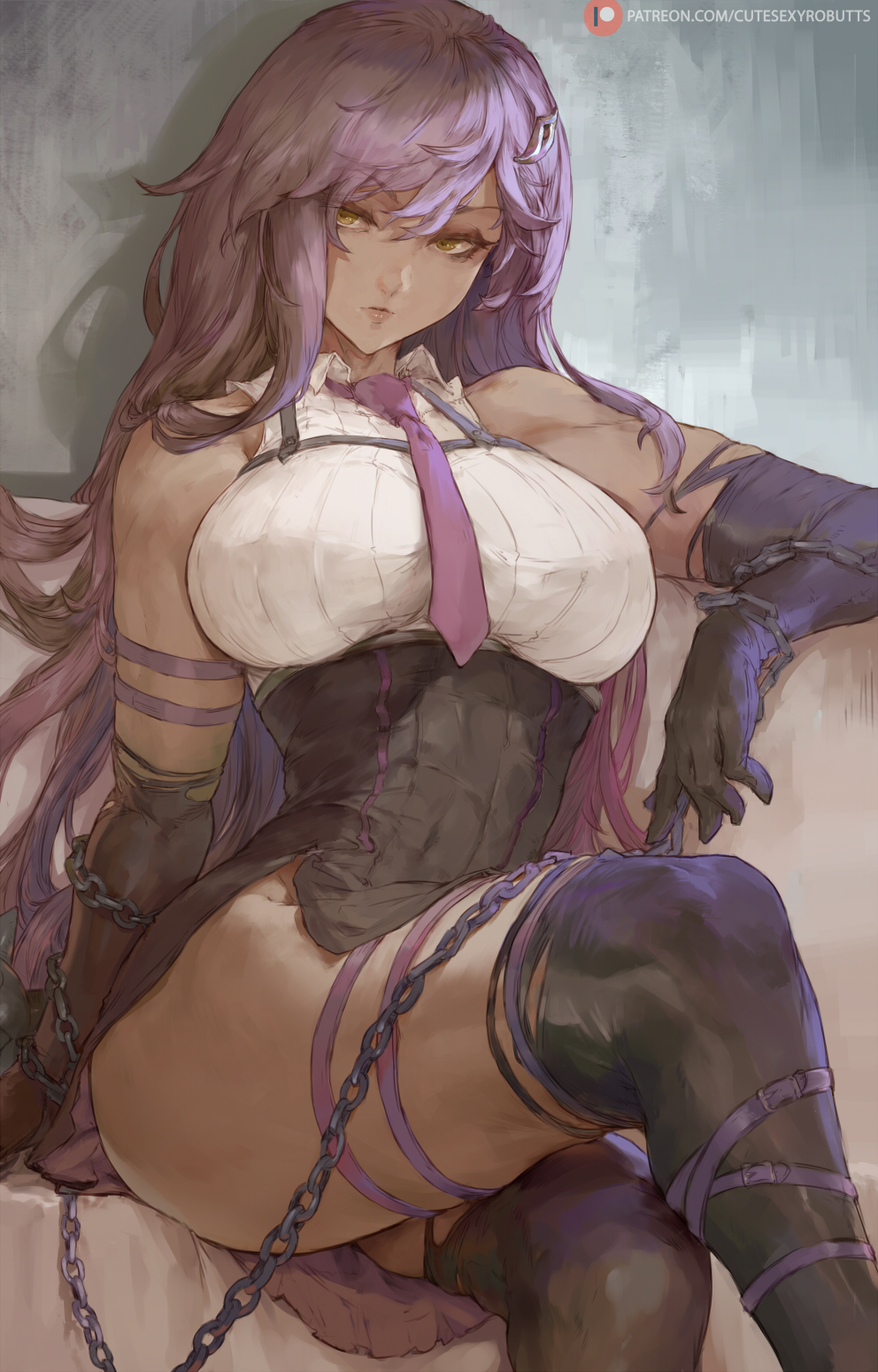 1girl bangs bare_shoulders breasts chain crossed_legs cutesexyrobutts elbow_gloves gloves highres large_breasts long_hair looking_at_viewer necktie original patreon_logo patreon_username purple_gloves purple_hair purple_necktie side_slit sitting strap thick_thighs thigh-highs thighs yellow_eyes