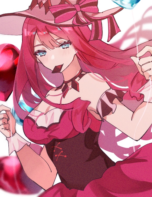 1girl arisawa balloon blue_eyes bow chocolate corset fairy_knight_tristan_(fate) fairy_knight_tristan_(valentine_witches)_(fate) fate/grand_order fate_(series) hat hat_bow heart_balloon holding holding_balloon jewelry long_hair mouth_hold multicolored_bow necklace pink_headwear pink_skirt redhead skirt solo striped striped_bow upper_body white_background witch_hat wrist_cuffs
