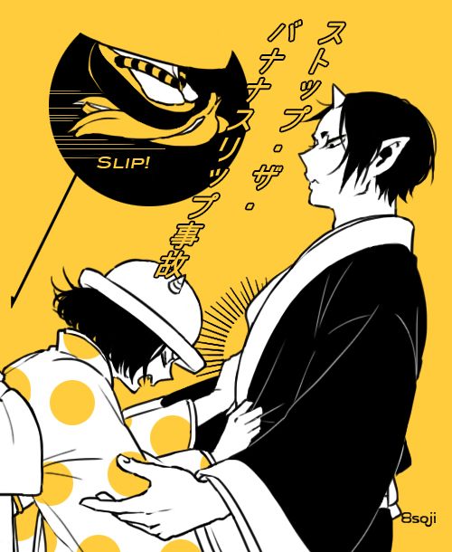 1boy 1girl banana_peel black_hair grabbing hat hoozuki_(hoozuki_no_reitetsu) hoozuki_no_reitetsu horns japanese_clothes oni_horns peach_maki short_hair slipping translation_request yasoji_(16321578)