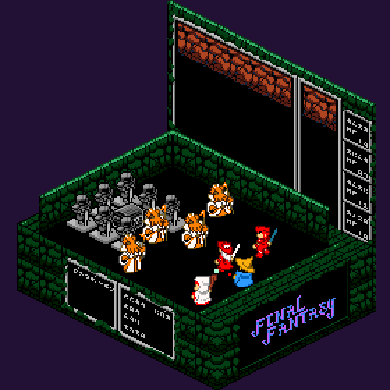 animated animated_gif black_mage character_request copyright_name final_fantasy final_fantasy_i hat holding holding_staff hood isometric mindflayer pixel_art red_mage staff statue sword wanpaku_pixels warrior_(final_fantasy) weapon white_mage wizard_hat