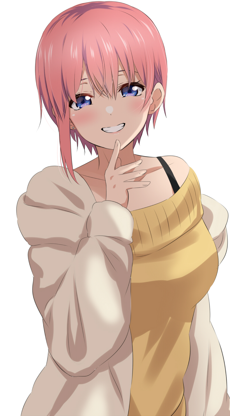 1girl asymmetrical_hair bangs blue_eyes blush collarbone earrings go-toubun_no_hanayome grin hair_between_eyes highres jewelry lieass long_sleeves looking_at_viewer nakano_ichika off-shoulder_sweater off_shoulder pink_hair shiny shiny_hair short_hair simple_background smile solo sweater upper_body white_background yellow_sweater