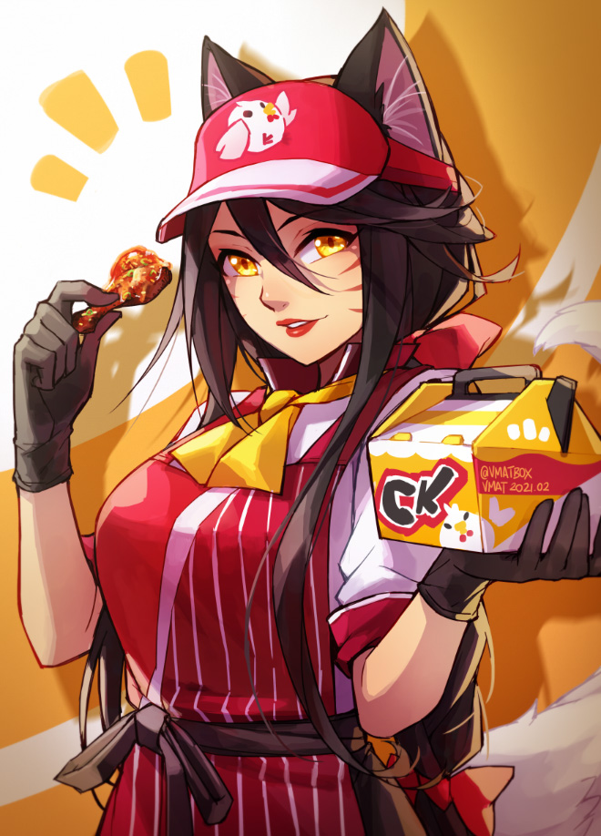 1girl ahri_(league_of_legends) alternate_costume animal_ears apron bangs bow box breasts brown_gloves chicken_(food) food fox_ears fox_tail gloves hair_between_eyes hair_bow holding holding_box holding_food league_of_legends looking_at_viewer neck_ribbon notice_lines orange_background parted_lips red_apron red_bow ribbon shirt short_sleeves smile solo striped striped_apron tail teeth upper_body vmat white_background white_shirt yellow_ribbon