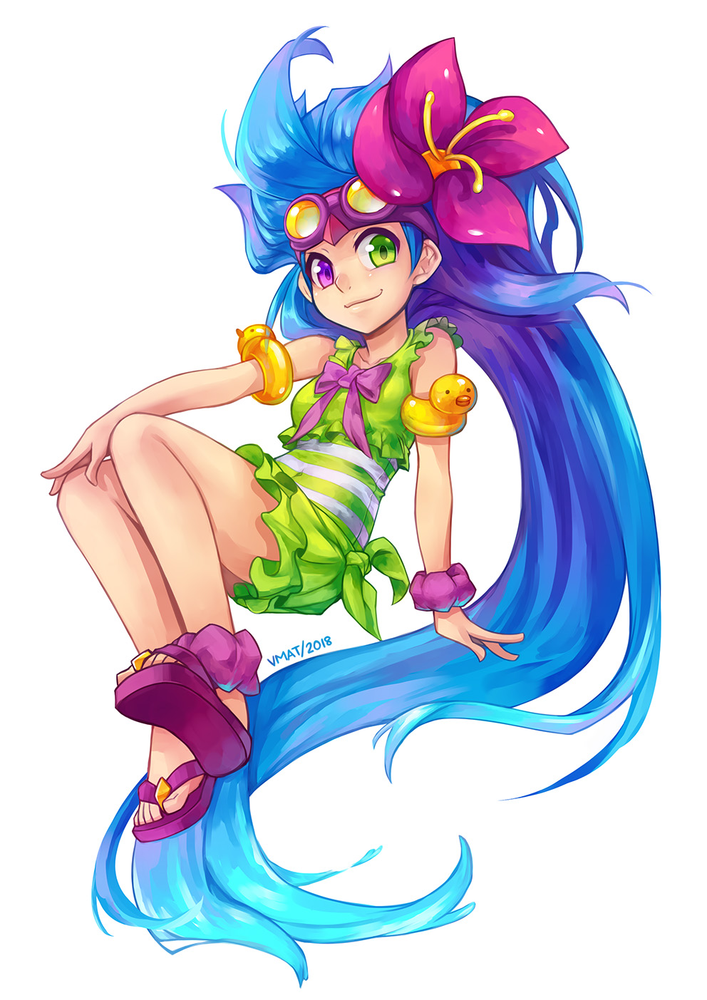 1girl ankle_scrunchie bangs bare_legs blue_hair breasts flower full_body goggles goggles_on_head hair_flower hair_ornament heterochromia highres league_of_legends long_hair looking_at_viewer multicolored_hair pink_flower pink_hair pink_scrunchie pool_party_(league_of_legends) pool_party_zoe scrunchie shoes simple_background smile swimsuit two-tone_hair violet_eyes vmat white_background wrist_scrunchie zoe_(league_of_legends)