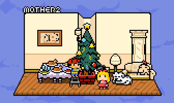 1boy 2girls animated animated_gif blonde_hair christmas christmas_ornaments christmas_tree copyright_name dog doseisan indoors king_(mother_2) ladder mother_(game) mother_2 multiple_girls ness's_mother pixel_art short_hair table tracy_(mother_2) wanpaku_pixels