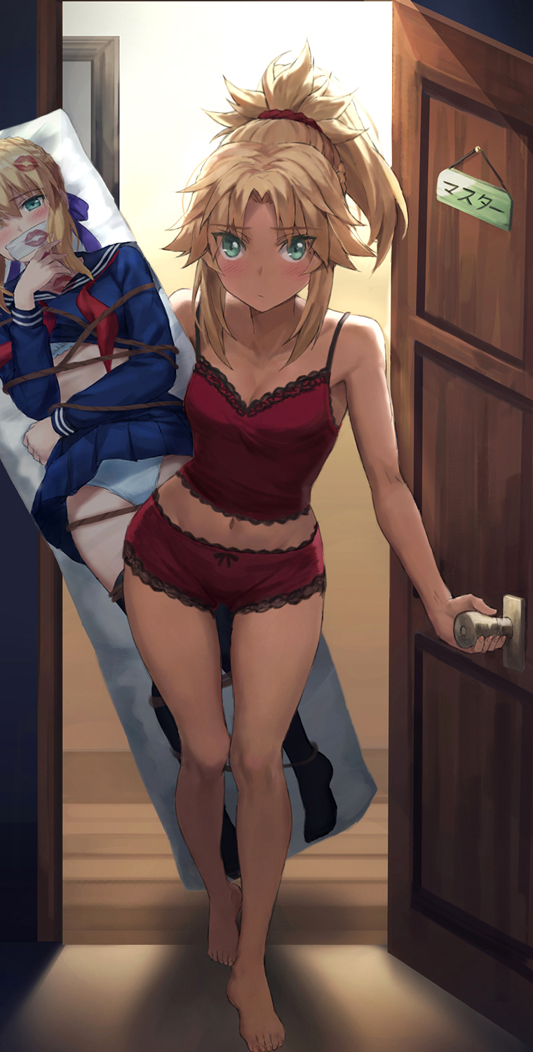 1girl artoria_pendragon_(fate) ass_visible_through_thighs blonde_hair blue_eyes blush breasts camisole dakimakura_(object) expressionless eyebrows_visible_through_hair fate/apocrypha fate_(series) groin highres implied_yuri lipstick_mark looking_at_viewer midriff mordred_(fate) mother_and_daughter navel no_pants panties pillow ponytail pov_doorway red_camisole red_panties red_scrunchie saber scrunchie shirt small_breasts solo striped tonee underwear