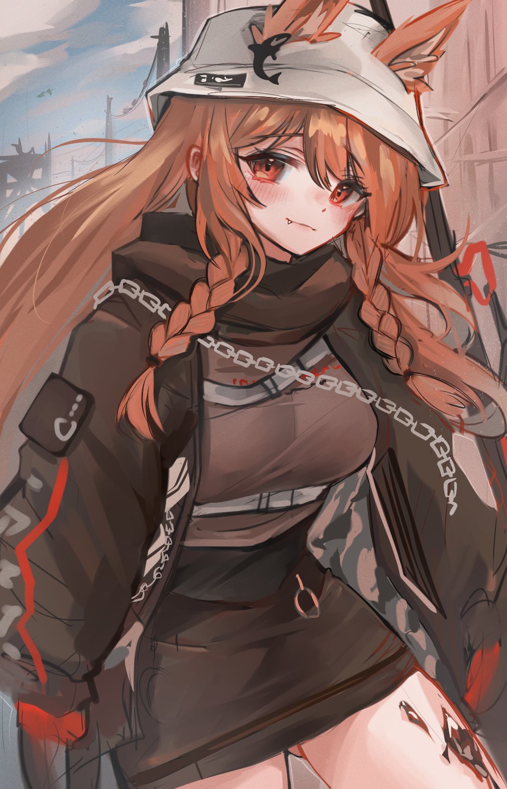 1girl animal_ear_fluff animal_ears arknights ass_visible_through_thighs bangs black_jacket black_scarf black_skirt braid breasts brown_hair brown_shirt ceobe_(arknights) ceobe_(unfettered)_(arknights) chain closed_mouth cowboy_shot day ears_through_headwear extra_ears fang fang_out hat high-waist_skirt highres jacket kaguura_(kagu) large_breasts long_hair looking_at_viewer official_alternate_costume open_clothes open_jacket oripathy_lesion_(arknights) outdoors red_eyes scarf shirt skirt smile solo twin_braids very_long_hair white_headwear