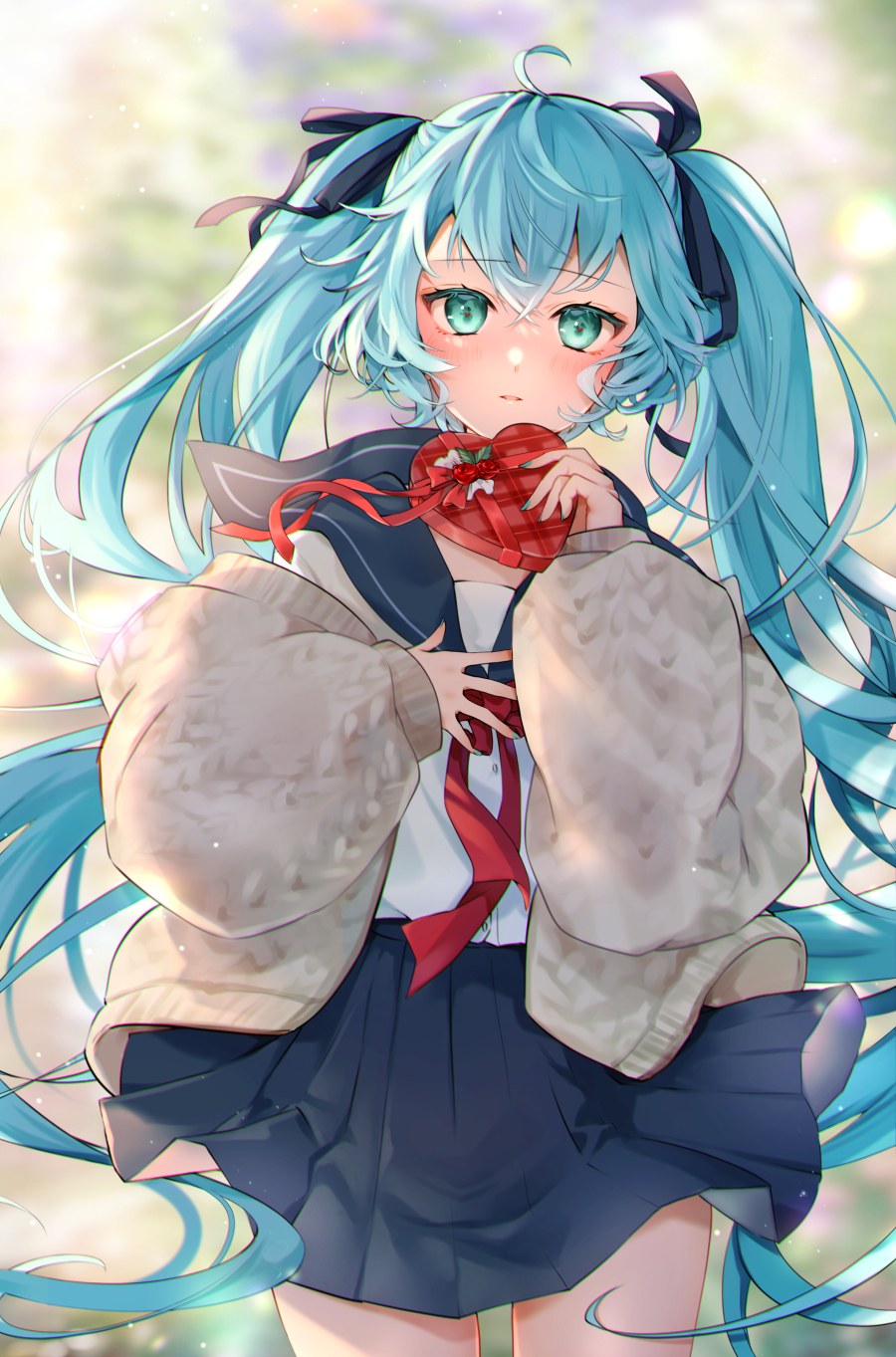 1girl ahoge bangs black_bow black_sailor_collar black_skirt blue_hair blurry blurry_background bow box brown_jacket commentary_request cowboy_shot depth_of_field eyebrows_visible_through_hair gift gift_box green_eyes hair_between_eyes hair_bow hatsune_miku heart-shaped_box highres holding holding_gift jacket kyashii_(a3yu9mi) long_hair long_sleeves looking_at_viewer open_clothes open_jacket parted_lips plaid pleated_skirt puffy_long_sleeves puffy_sleeves red_bow sailor_collar school_uniform serafuku shirt skirt sleeves_past_wrists solo twintails very_long_hair vocaloid white_shirt