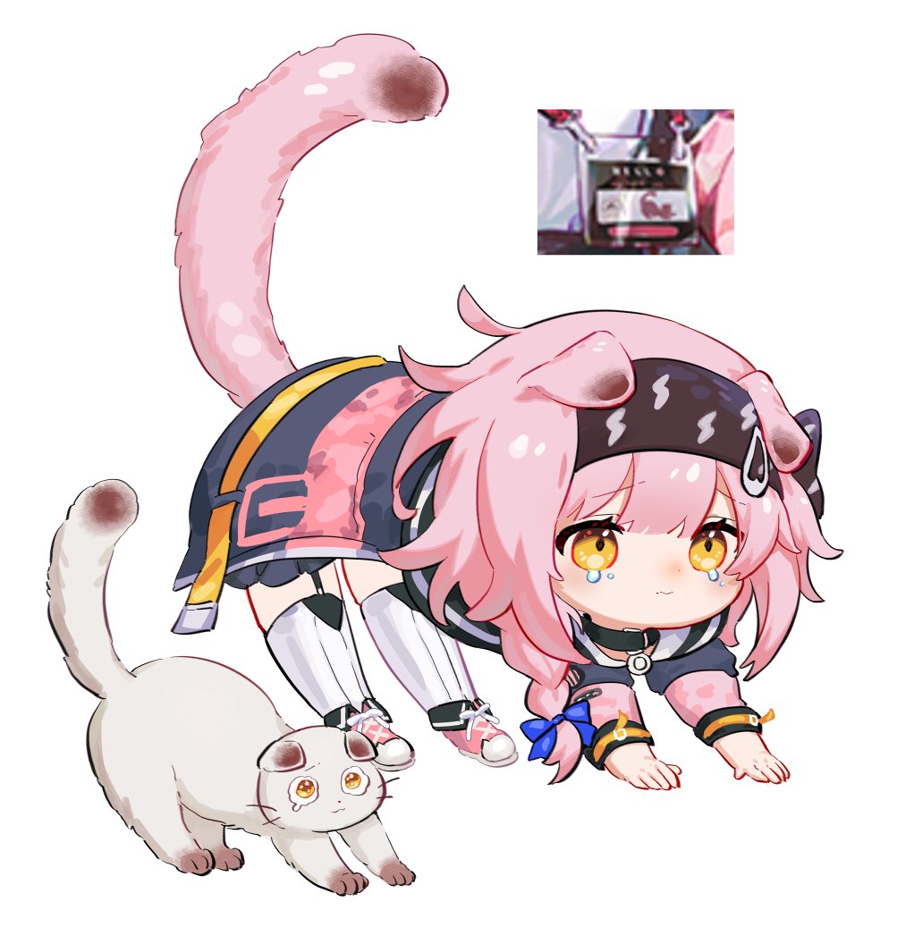 1girl all_fours animal arknights black_hair blue_bow blue_jacket bow braid cat chibi commentary crying crying_with_eyes_open floppy_ears goldenglow_(arknights) hair_bow hair_ornament hairclip imitating jacket lightning_bolt_print long_hair multicolored_clothes multicolored_jacket pink_footwear pink_hair pink_jacket scottish_fold screencap_inset shoes solo spacelongcat stretch tears thigh-highs two-tone_jacket white_legwear yellow_eyes