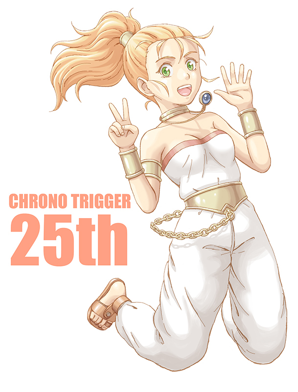 1girl blonde_hair breasts choker chrono_trigger full_body green_eyes jewelry keito_nagumo long_hair looking_at_viewer marle_(chrono_trigger) open_mouth ponytail simple_background smile solo toeless_footwear v white_background