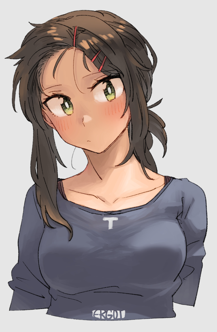 1girl :/ alternate_hairstyle artist_name black_bra blush bra breasts brown_hair closed_mouth collarbone commentary cropped_torso ergot eyebrows_visible_through_hair fubuki_(kancolle) green_eyes grey_background grey_shirt hair_ornament hairclip kantai_collection large_breasts long_hair looking_at_viewer shirt sidelocks simple_background solo strap_slip underwear upper_body