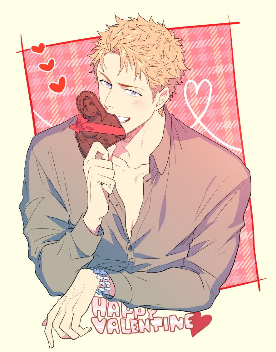 1boy blonde_hair blue_eyes blush chocolate commentary dress_shirt food happy_valentine heart holding holding_chocolate holding_food jewelry jita_(jita5max) looking_at_viewer male_focus partially_unbuttoned ribbon shirt sleeve_cuffs smile valentine