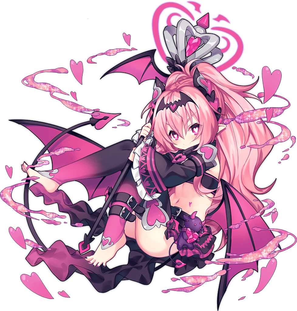 1girl ao_jun ark_order bangs bare_shoulders barefoot bat_hair_ornament belt black_belt black_legwear black_nails black_skirt blush bridal_legwear closed_mouth crop_top demon_tail demon_wings frilled_sleeves frills full_body gradient gradient_legwear hair_ornament heart heart-shaped_lock heart-shaped_pupils heart_hair_ornament heart_print heart_tattoo high_ponytail holding holding_staff horns lock long_hair long_sleeves looking_at_viewer multicolored_nails navel official_art pink_eyes pink_hair pink_legwear pink_nails pointy_ears sidelocks skirt smile smoke solo staff stomach stomach_tattoo succubus_(ark_order) symbol-shaped_pupils tachi-e tail tattoo transparent_background very_long_hair wide_sleeves wings
