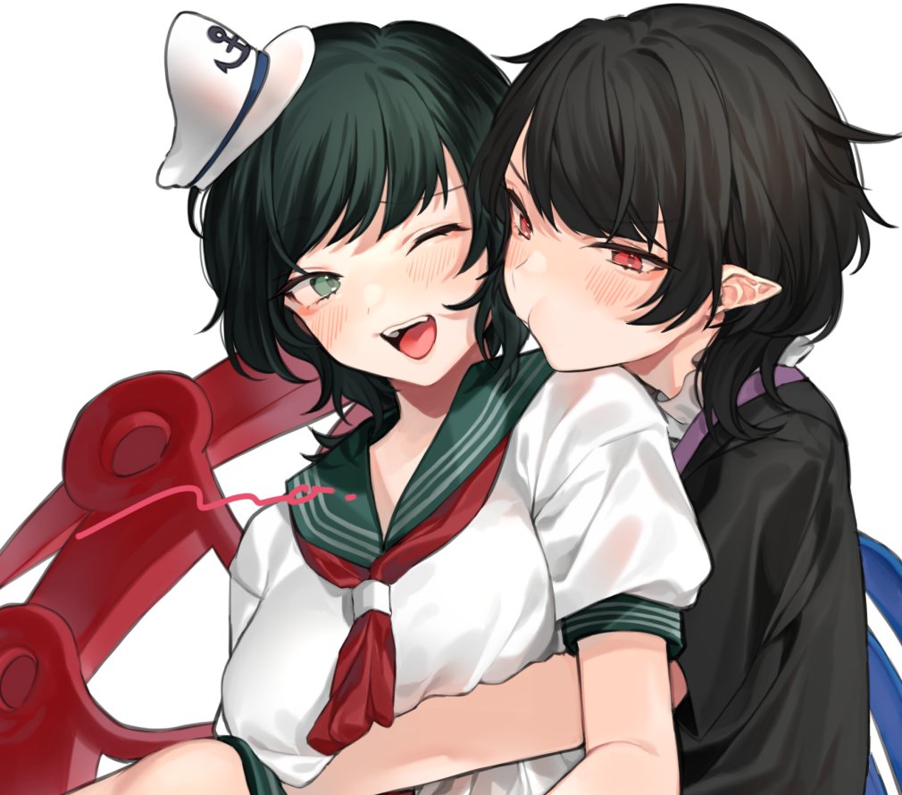 2girls :t ;d anchor_symbol asymmetrical_wings bangs black_dress black_hair black_legwear blush bow breasts commentary_request dress eyelashes footwear_bow green_eyes happy hat houjuu_nue hug hug_from_behind makita_(vector1525) medium_breasts multiple_girls murasa_minamitsu on_floor one_eye_closed open_mouth pointy_ears pout puffy_short_sleeves puffy_sleeves red_bow red_eyes red_footwear sailor_collar sailor_hat sailor_shirt shirt short_hair short_sleeves shorts signature simple_background sitting smile socks teeth thigh-highs tongue touhou upper_teeth white_background white_legwear white_shirt white_shorts wings