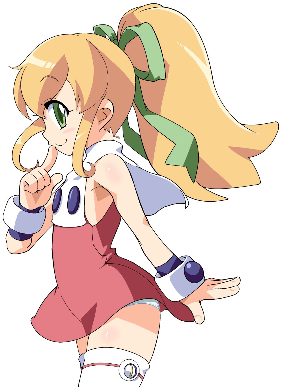 1girl blonde_hair closed_mouth dress green_eyes green_ribbon hair_ribbon highres ki_(adotadot) long_hair looking_at_viewer mega_man_(classic) mega_man_(series) panties ponytail red_dress red_skirt ribbon roll_(mega_man) simple_background skirt smile solo thigh-highs underwear white_background