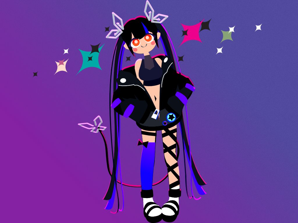 1girl alternate_eye_color bangs black_footwear black_hair black_jacket black_ribbon black_shirt blunt_bangs blush boots breasts c: closed_mouth commentary_request crop_top demon_girl demon_horns demon_tail full_body gradient gradient_background head_tilt horns jacket kojo_anna leg_ribbon long_hair long_sleeves looking_at_viewer medium_breasts midriff multicolored_footwear multicolored_hair navel off_shoulder open_clothes open_jacket orange_eyes pointy_ears purple_background purple_hair purple_legwear ribbon shibatoro shirt single_thighhigh sleeveless sleeveless_shirt smile solo sparkle sugar_lyric tail thigh-highs thigh_strap twintails two-tone_hair virtual_youtuber white_footwear zipper