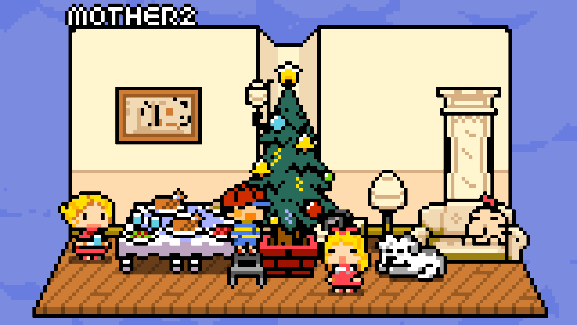 1boy 2girls blonde_hair christmas christmas_ornaments christmas_tree copyright_name dog doseisan highres indoors king_(mother_2) ladder mother_(game) mother_2 multiple_girls ness's_mother pixel_art short_hair table tracy_(mother_2) wanpaku_pixels