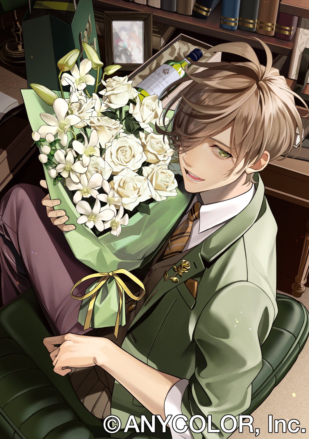 1boy axia_krone book bottle bouquet bow brown_hair brown_pants brown_vest collared_shirt eden-gumi flower green_eyes green_jacket hair_behind_ear hair_over_one_eye highres holding holding_bouquet jacket lain_paterson lauren_iroas leos_vincent looking_back male_focus natsuko_(bluecandy) nijisanji nijisanji_en official_art oliver_evans open_mouth pants photo_(object) purple_bow rose shirt solo vest virtual_youtuber white_flower white_rose white_shirt