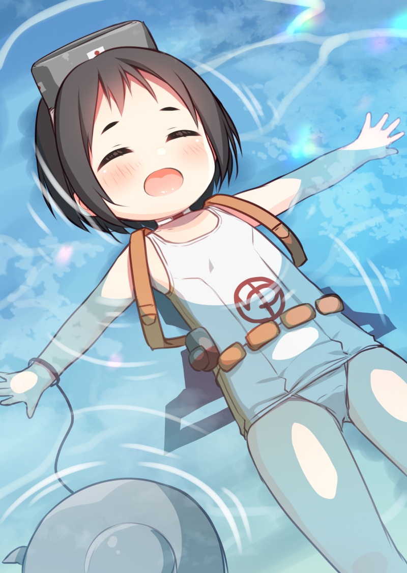 1girl afloat bare_arms bare_shoulders black_hair blush closed_eyes diving_mask diving_mask_on_head goggles goggles_on_head hanamiya_natsuka kantai_collection lying maru-yu_(kancolle) old_school_swimsuit on_back one-piece_swimsuit open_mouth partially_submerged ripples school_swimsuit short_hair solo swimsuit water white_swimsuit