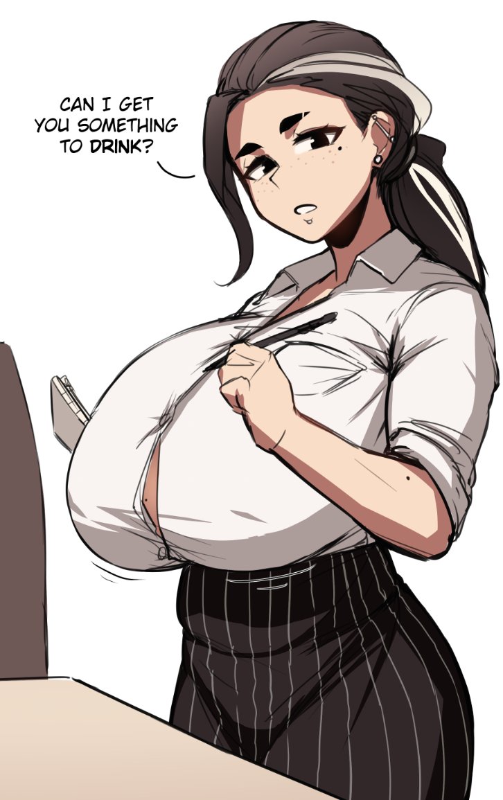 1girl black_hair breasts button_gap collared_shirt ear_piercing freckles huge_breasts mole mole_under_eye multicolored_hair notepad open_mouth original pen piercing ponytail roresu shirt skirt solo streaked_hair thick_eyebrows waitress white_hair