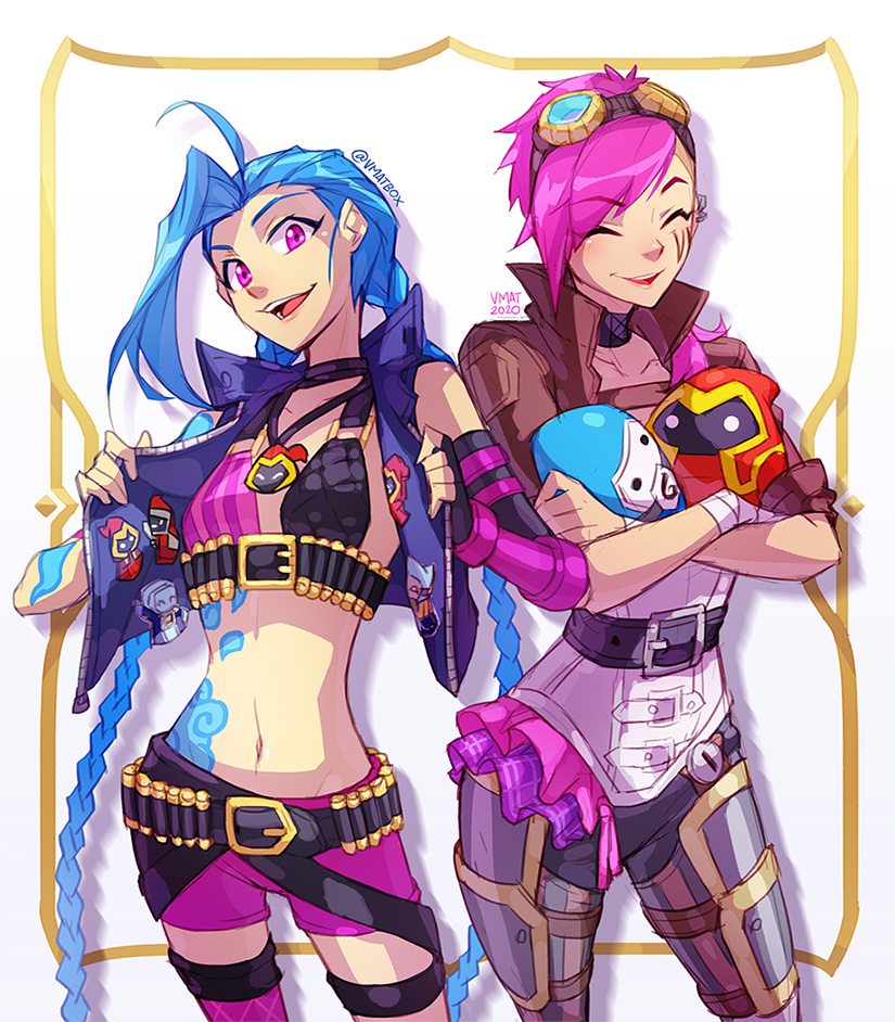 2girls armored_boots artist_name asymmetrical_bangs bandaged_hand bandages bangs belt black_belt black_choker boots bra braid brown_jacket character_print choker collarbone crossed_arms goggles goggles_on_head jacket jinx_(league_of_legends) league_of_legends leather minion_(league_of_legends) multiple_girls navel open_clothes open_jacket pink_eyes pink_hair pink_legwear pink_shorts shiny shiny_hair short_hair short_shorts shorts siblings single_thighhigh sisters smile striped striped_bra teeth thigh-highs twin_braids underwear upper_teeth vi_(league_of_legends) vmat