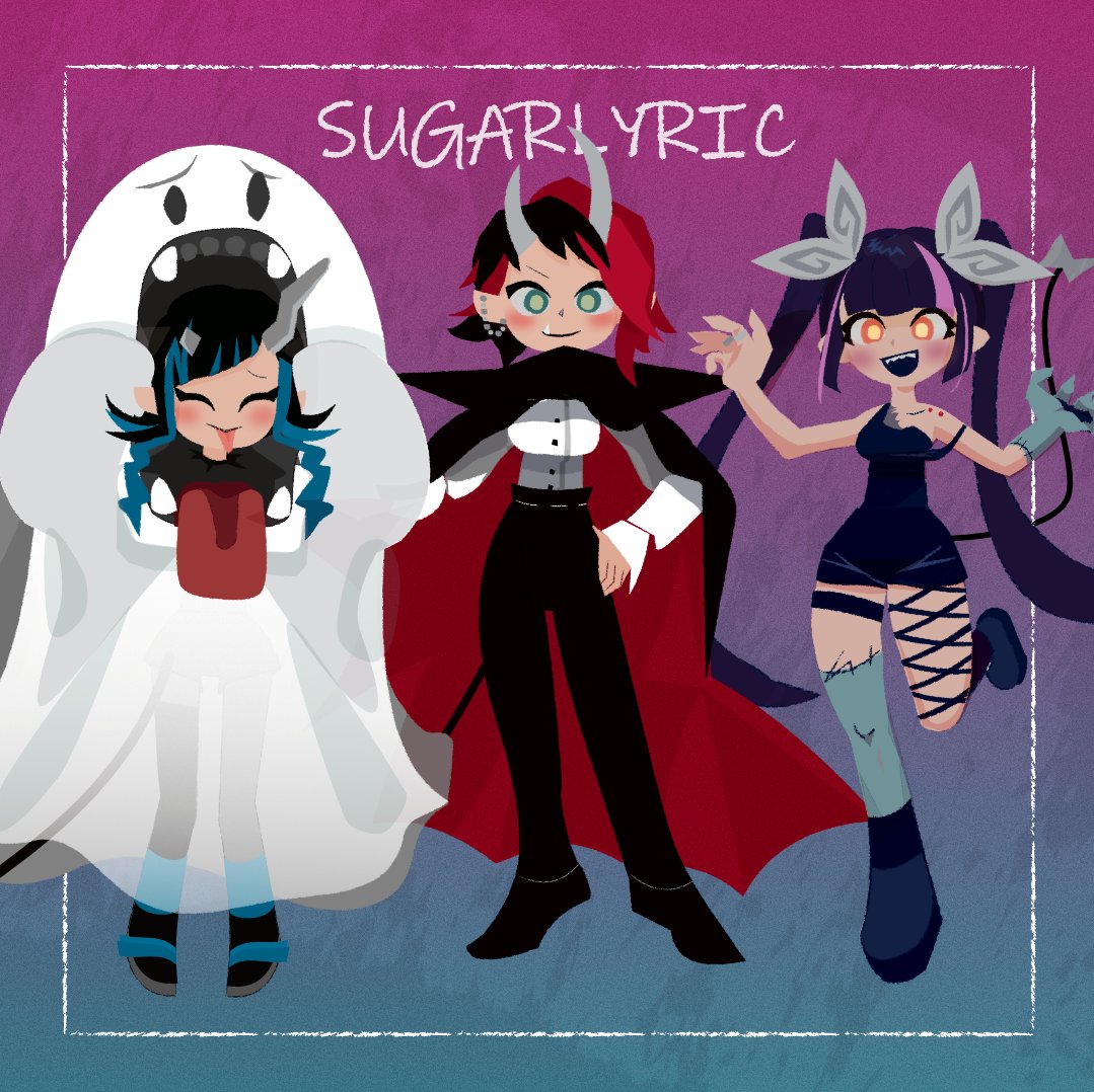 3girls alternate_costume alternate_eye_color bangs black_cape black_footwear black_hair black_ribbon blue_eyes blue_hair blunt_bangs blush boots breasts cape closed_mouth commentary_request demon_girl demon_horns demon_tail ear_chain full_body ghost_costume halloween horns kojo_anna large_breasts leg_ribbon leg_up long_hair long_sleeves looking_at_viewer medium_breasts multicolored_hair multiple_girls orange_eyes pointy_ears purple_hair red_cape redhead ribbon ryugasaki_rene shibatoro shishio_chris short_hair smile stitched_arm stitched_leg sugar_lyric tail tongue tongue_out twintails two-sided_cape two-sided_fabric two-tone_hair vampire_costume very_long_hair virtual_youtuber zombie