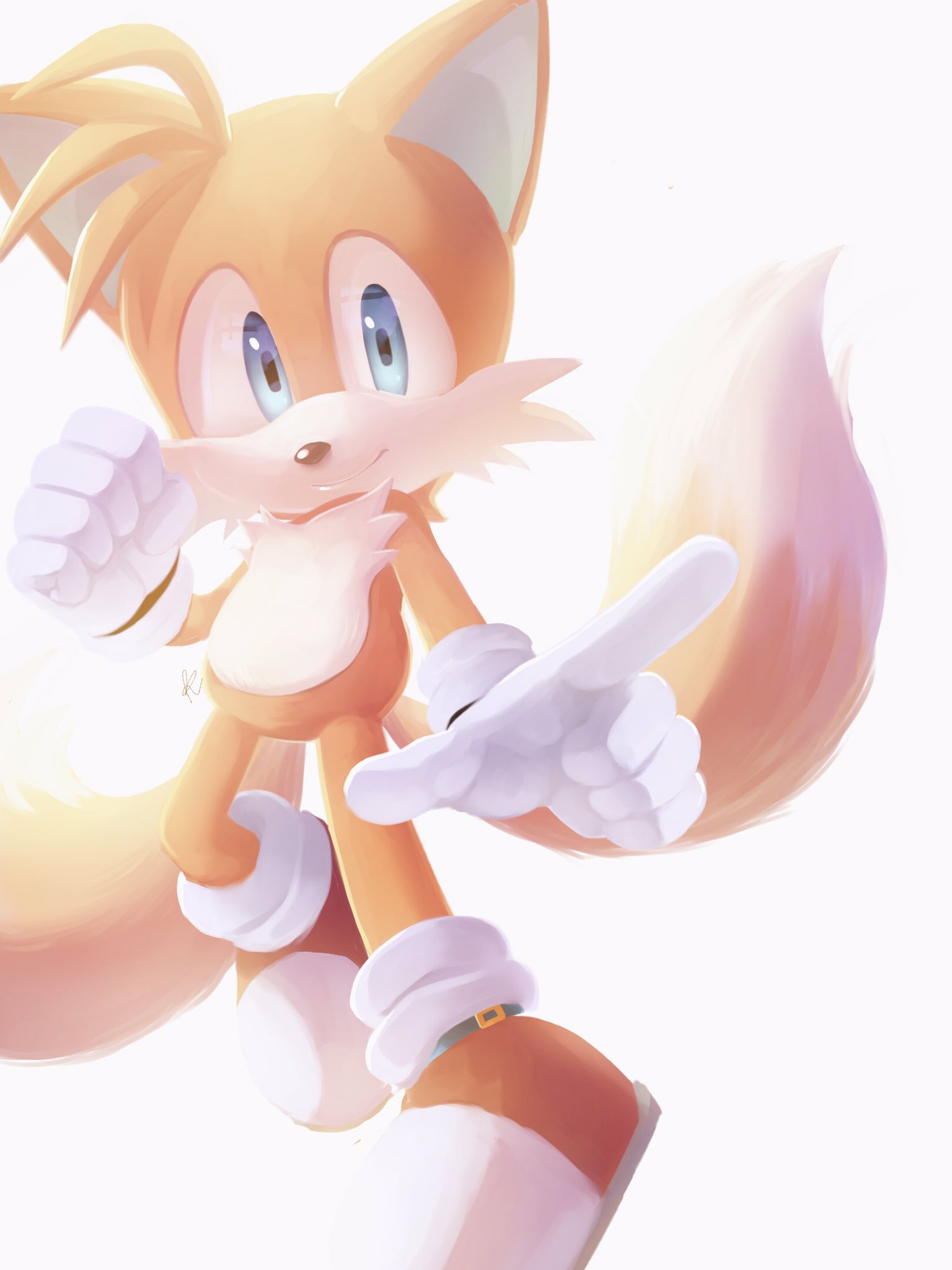 1boy animal_nose blue_eyes closed_mouth fox_boy furry furry_male gloves highres looking_at_viewer male_focus misuta710 multiple_tails shoes simple_background smile solo sonic_(series) tail tails_(sonic) two_tails white_background white_gloves