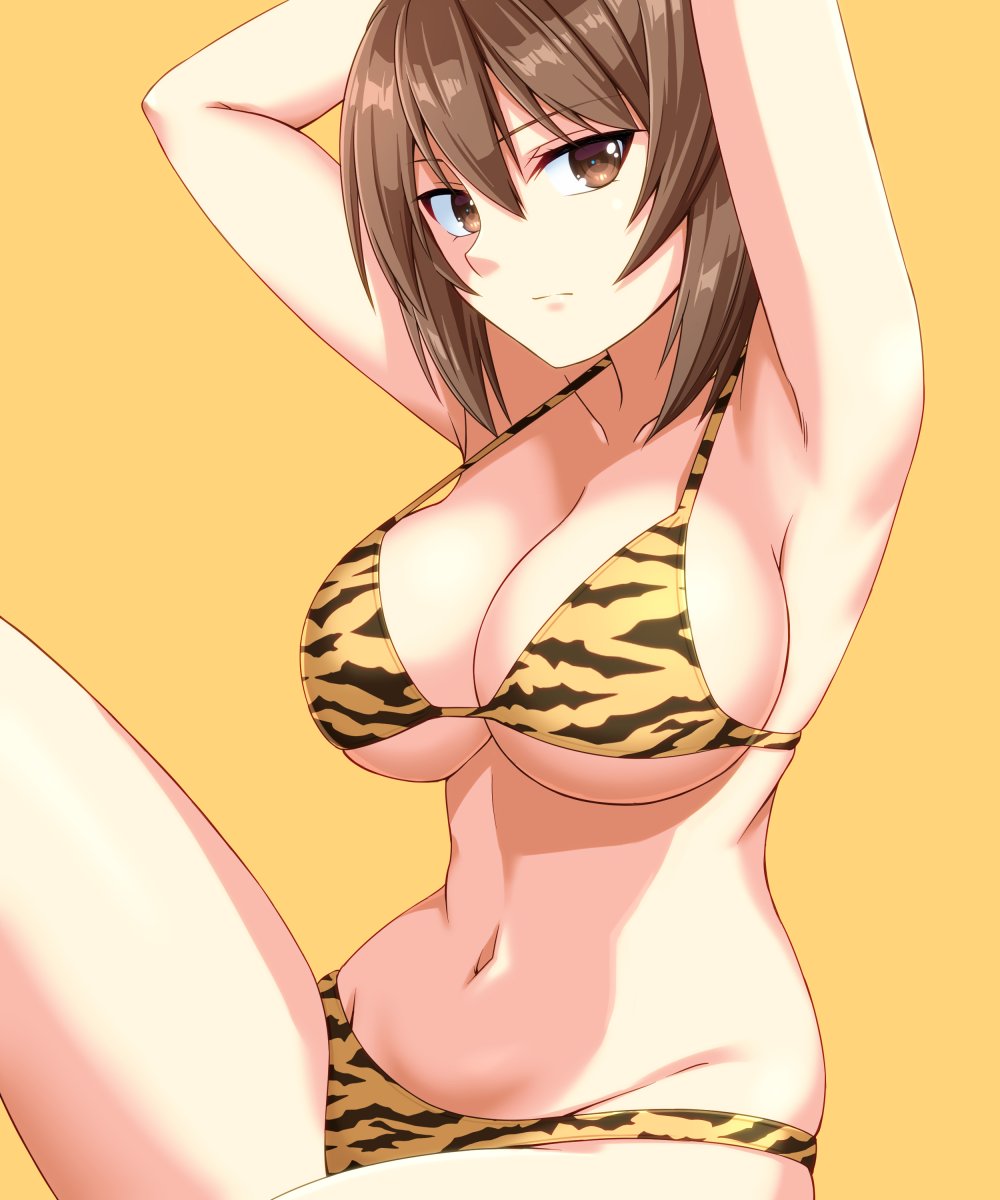 1girl armpits arms_up bangs beni_(bluebluesky) bikini breasts brown_eyes brown_hair closed_mouth commentary eyebrows_visible_through_hair girls_und_panzer groin halterneck highres knee_up light_frown looking_at_viewer medium_breasts navel nishizumi_maho print_bikini short_hair simple_background sitting solo swimsuit yellow_background yellow_bikini