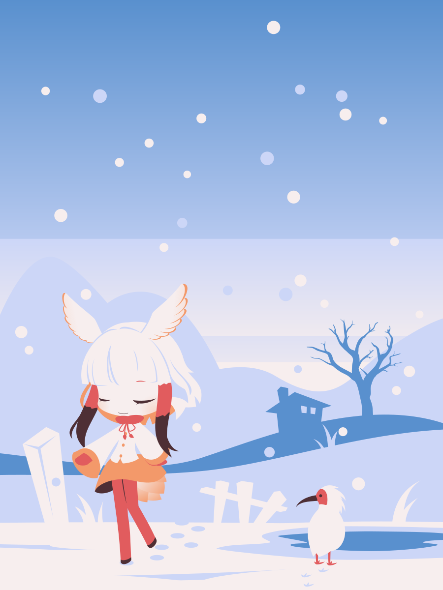 1girl brown_hair chibi closed_eyes closed_mouth cobalta head_wings highres japanese_crested_ibis_(kemono_friends) kemono_friends multicolored_hair pantyhose red_legwear redhead sidelocks smile snow snowing solo white_hair
