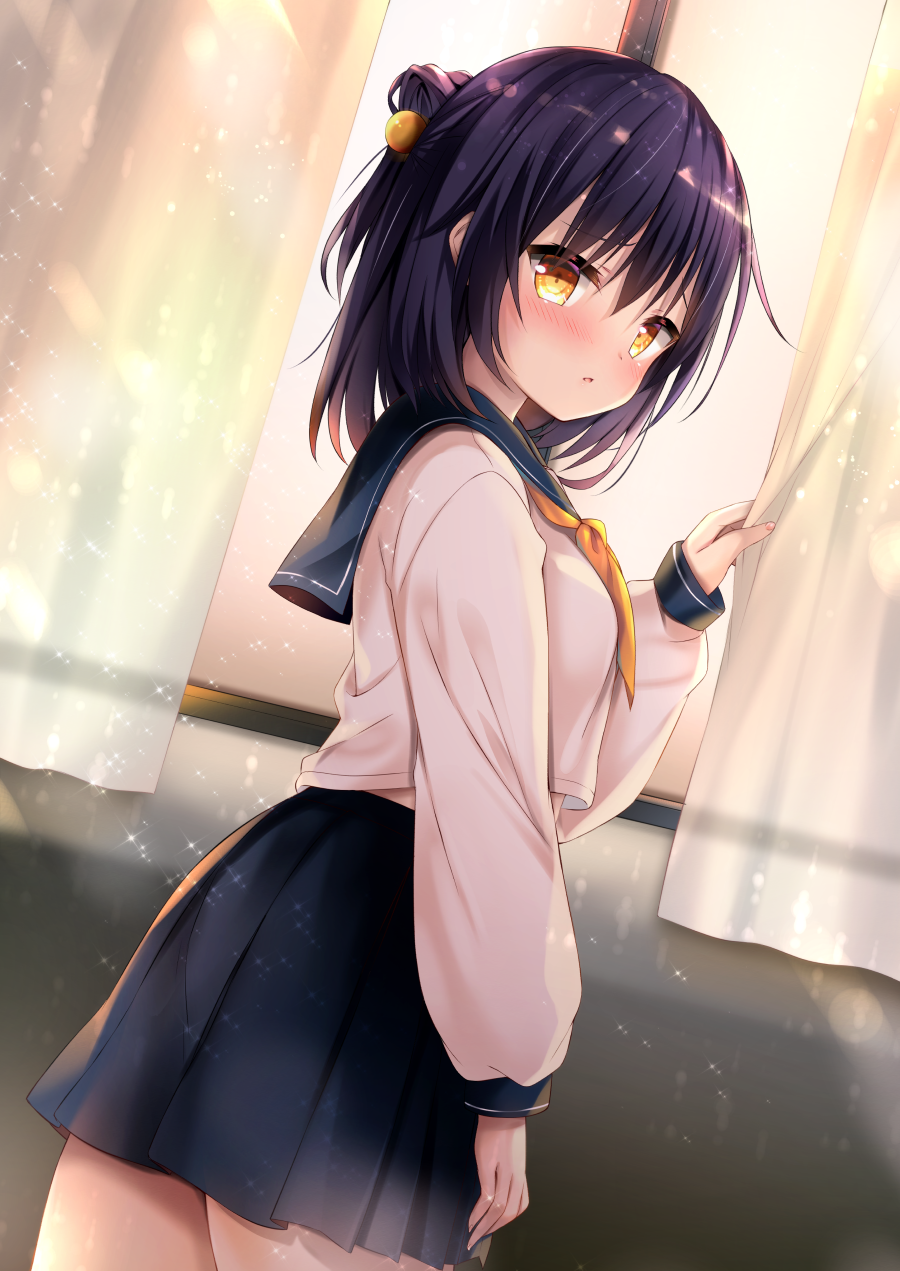 1girl black_hair blue_skirt blush commentary_request cowboy_shot curtains dutch_angle from_side highres huei_nazuki indoors long_sleeves looking_at_viewer medium_hair neckerchief original parted_lips pleated_skirt sailor_collar skirt solo window winter_uniform yellow_eyes