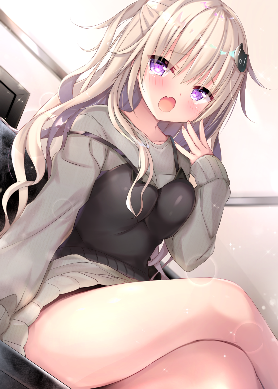 1girl :o blonde_hair blush cat_hair_ornament commentary_request crossed_legs fang hair_ornament highres huei_nazuki indoors long_hair long_sleeves looking_at_viewer original sitting skin_fang solo strap_slip violet_eyes