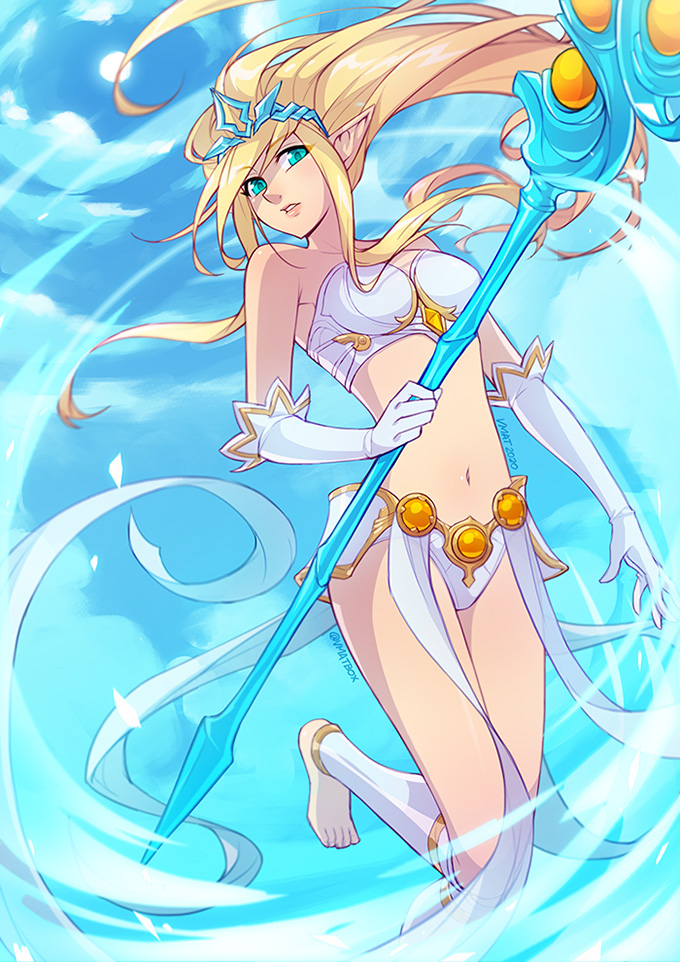 1girl artist_name bandeau bangs barefoot blonde_hair blue_eyes breasts clouds commentary_request day elbow_gloves floating gloves green_eyes holding holding_staff janna_(league_of_legends) large_breasts league_of_legends long_hair long_torso looking_at_viewer navel outdoors pointy_ears skirt solo staff vmat white_gloves white_skirt