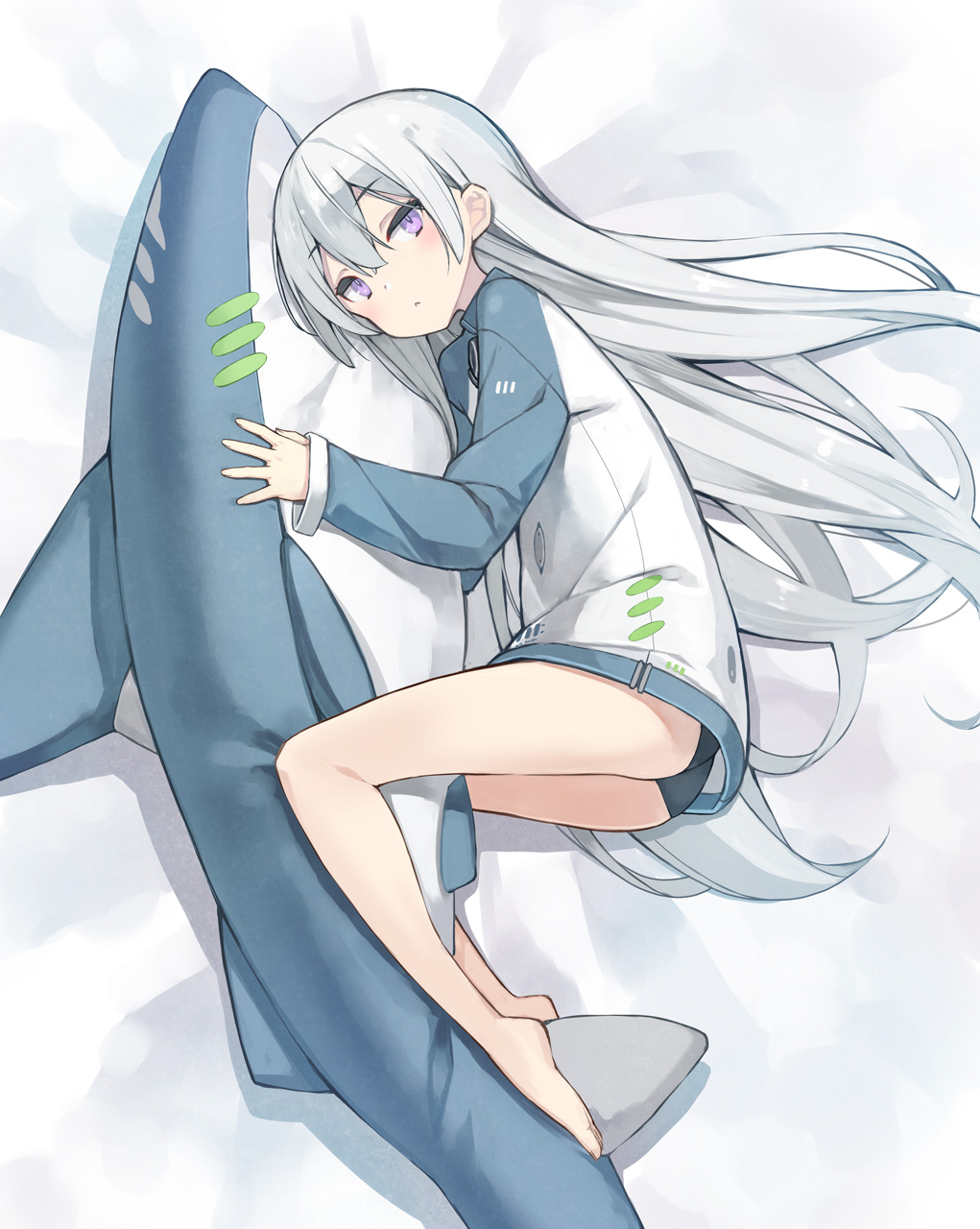 1girl ass bangs barefoot bed_sheet black_panties blush closed_mouth commentary_request eyebrows_visible_through_hair full_body hair_between_eyes highres jacket long_sleeves looking_at_viewer lying on_side original panties poco_(asahi_age) silver_hair sleeves_past_wrists solo stuffed_animal stuffed_shark stuffed_toy underwear violet_eyes white_jacket