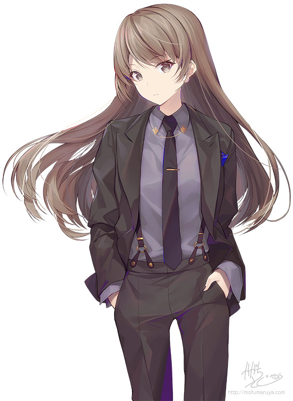 1girl bangs black_jacket black_necktie black_pants brown_eyes brown_hair closed_mouth collared_shirt commentary_request eyebrows_visible_through_hair grey_shirt hands_in_pockets jacket kagachi_saku long_hair long_sleeves necktie open_clothes open_jacket original pants shirt signature simple_background solo suspenders tie_clip very_long_hair watermark web_address white_background