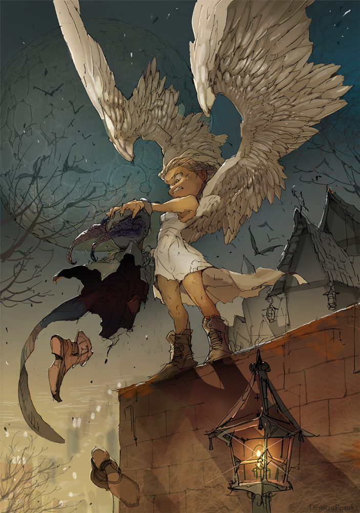 1girl angel_wings angry artist_name bat brown_footwear brown_hair clenched_teeth commentary demizu_posuka diffraction_spikes dress fantasy feathered_wings full_body holding house lantern large_wings looking_at_another night original outdoors short_hair sleeveless sleeveless_dress solo standing teeth tree white_dress white_wings wings