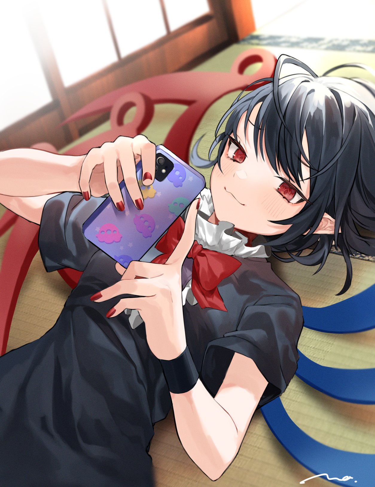 1girl :3 asymmetrical_wings bangs black_dress black_hair blurry bow bowtie breasts cellphone closed_mouth depth_of_field dress dutch_angle eyebrows_visible_through_hair frills half-closed_eyes highres holding holding_phone houjuu_nue indoors light_smile long_hair lying makita_(vector1525) nail_polish on_back phone red_bow red_bowtie red_eyes red_nails short_sleeves small_breasts smartphone solo swept_bangs tatami touhou upper_body wings wrist_cuffs