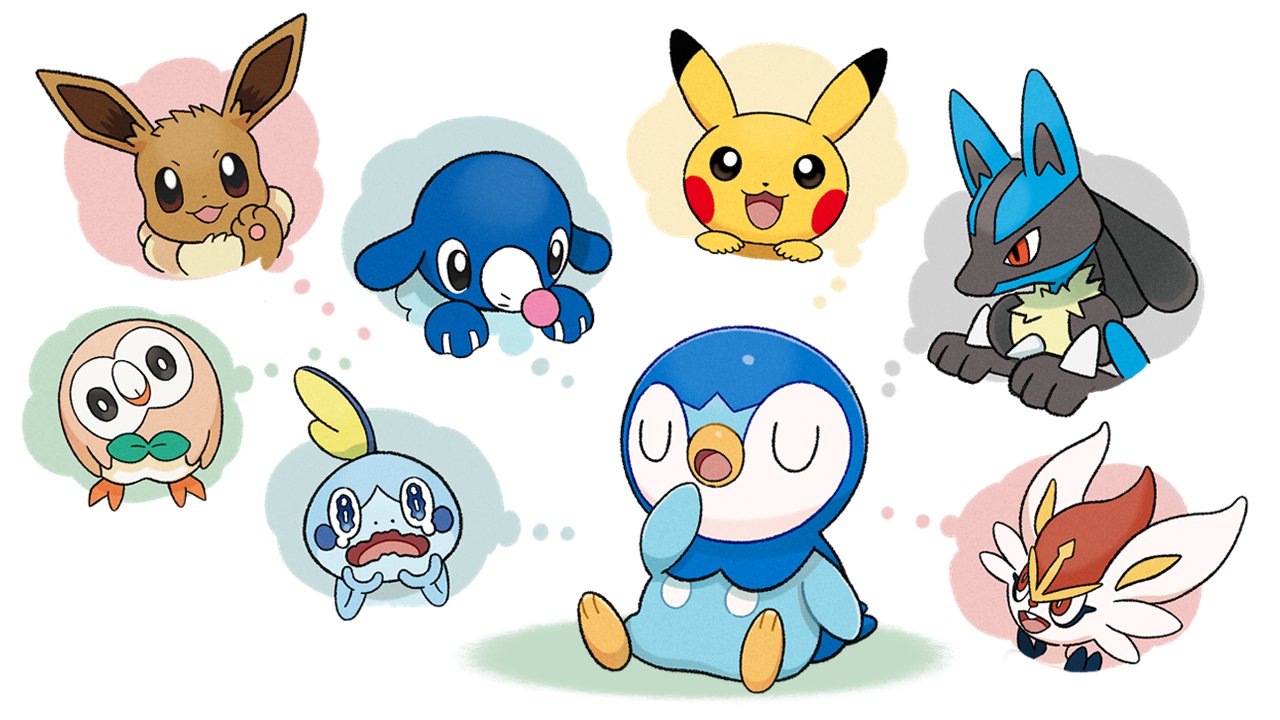 animal_focus cinderace closed_eyes commentary_request eevee hand_up lucario official_art open_mouth pikachu piplup pokemon pokemon_(creature) popplio project_pochama rowlet sitting sobble thought_bubble toes tongue u_u white_background