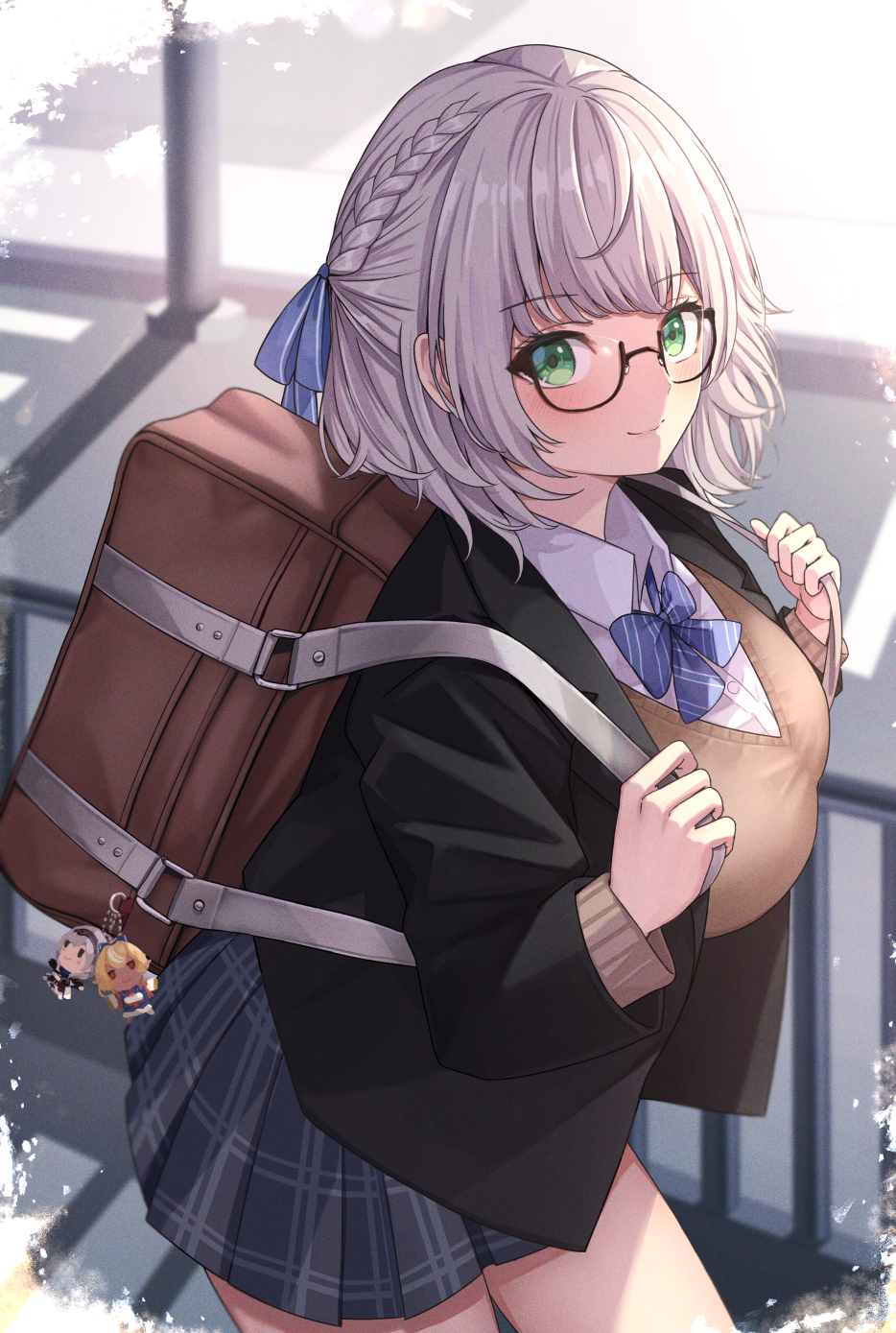 1girl bag beige_cardigan black-framed_eyewear black_jacket blazer blue_bow blue_bowtie blue_ribbon bow bowtie braid breasts cardigan charm_(object) closed_mouth cowboy_shot dodon_gadon glasses green_eyes grey_skirt hair_ribbon highres hololive jacket large_breasts long_sleeves looking_at_viewer open_clothes open_jacket plaid plaid_skirt pleated_skirt ribbon school_bag school_uniform semi-rimless_eyewear shirogane_noel short_hair silver_hair skirt smile solo striped striped_bow striped_bowtie virtual_youtuber