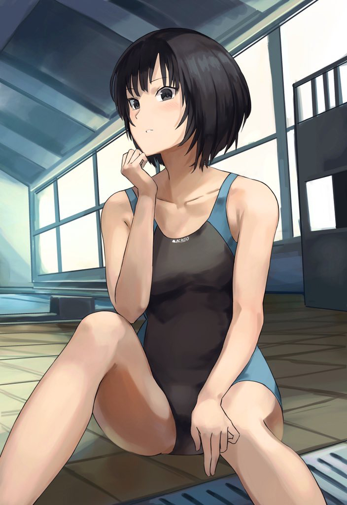 1girl amagami bare_arms bare_legs black_eyes black_hair black_swimsuit breasts collarbone indoors nanasaki_ai nasubin_(user_tjyp5584) parted_lips school_swimsuit shiny shiny_hair short_hair sitting small_breasts solo straight_hair swimsuit