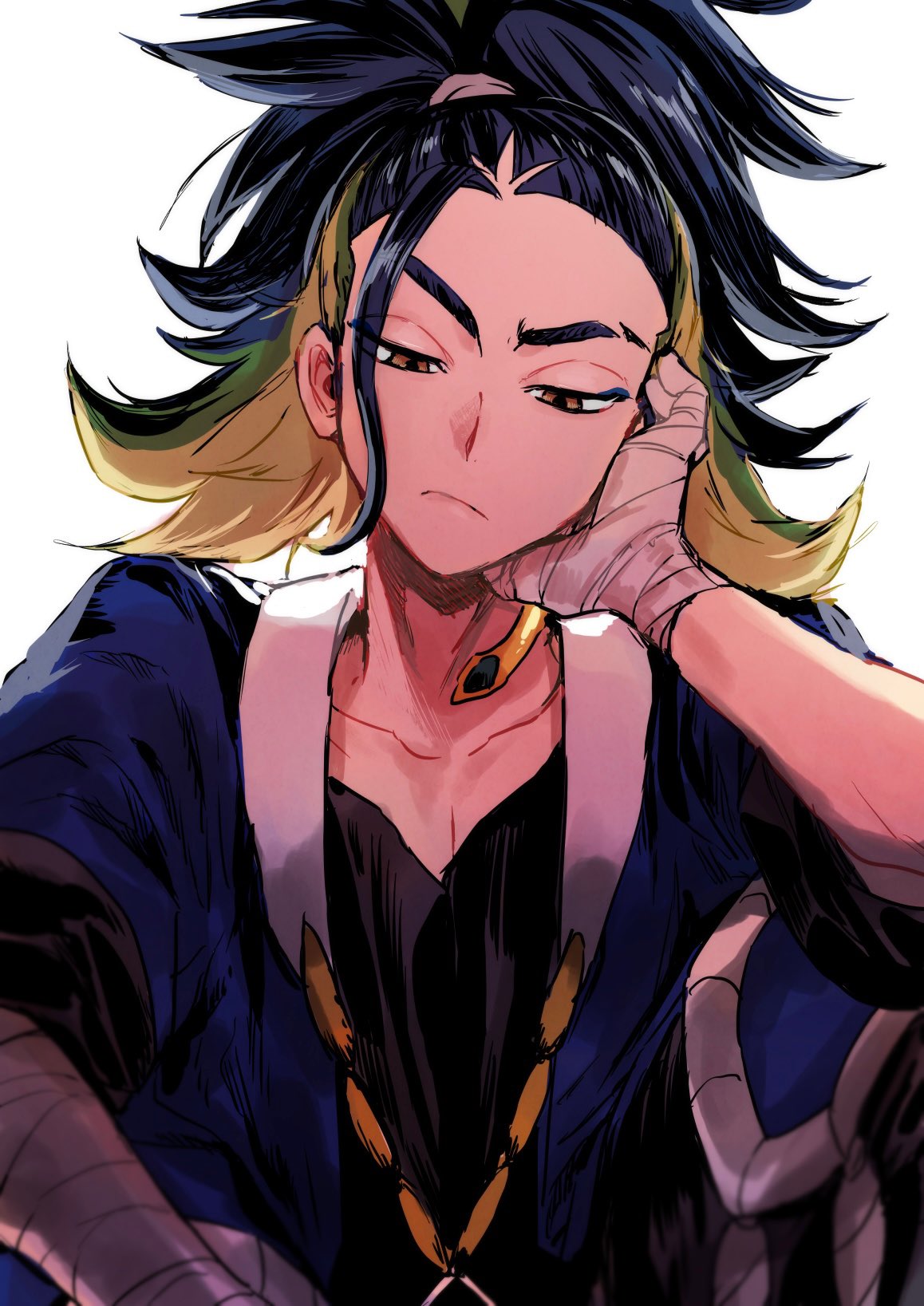 1boy adaman_(pokemon) black_shirt blue_coat blue_hair brown_eyes closed_mouth coat collar collarbone commentary_request eyebrow_cut frown green_hair half-closed_eyes hand_wraps head_rest highres looking_down male_focus pe-ji pokemon pokemon_(game) pokemon_legends:_arceus shirt solo upper_body