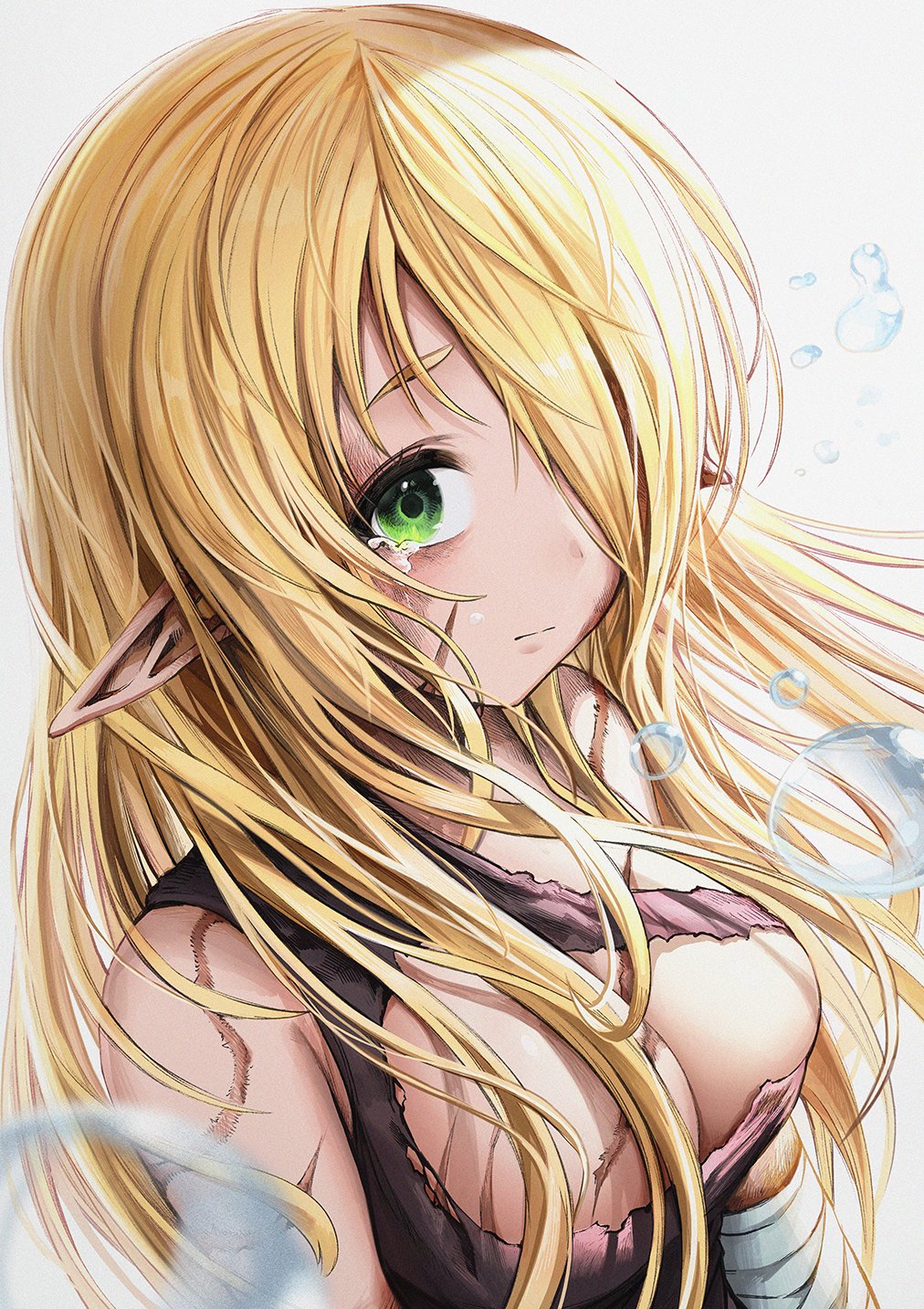 1girl bandaged_arm bandages boroboro_no_elf-san_o_shiawaseni_suru_kusuri_uri-san breasts commentary_request elf gibagiba green_eyes hair_over_one_eye highres large_breasts pointy_ears rags reszurre scar simple_background solo tears upper_body water_drop white_background