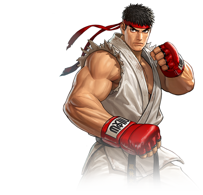 1boy belt black_belt black_eyes fighting_stance fingerless_gloves gloves headband japanese_clothes kimono male_focus muscular muscular_male official_art pectorals red_gloves red_headband ryu_(street_fighter) solo street_fighter street_fighter_v the_king_of_fighters the_king_of_fighters_all-stars thick_eyebrows torn torn_clothes torn_kimono white_kimono