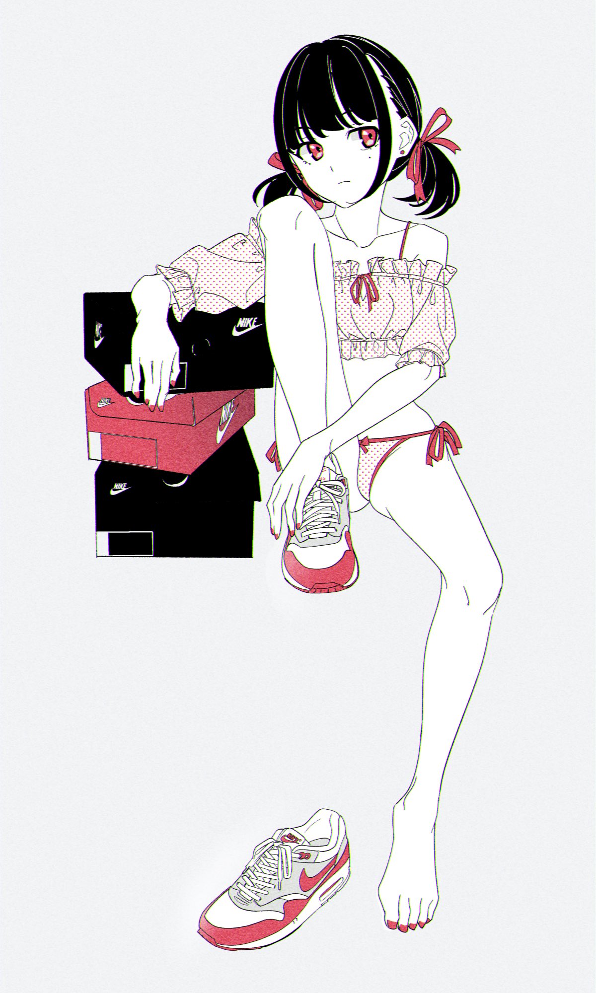 1girl acubi_tomaranai bangs bare_legs bare_shoulders black_hair closed_mouth collarbone ear_piercing frown full_body grey_background highres invisible_chair knee_up mole mole_under_eye nike original panties piercing pink_eyes product_placement shoebox shoes short_twintails side-tie_panties simple_background single_shoe sitting sneakers solo string_panties twintails underwear
