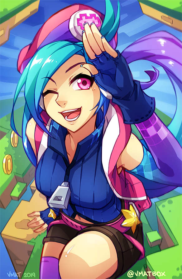 1girl arcade_caitlyn arm_support asymmetrical_bangs bangs black_gloves blue_hair breasts brown_shorts caitlyn_(league_of_legends) coin commentary_request detached_sleeves fingerless_gloves from_above gloves large_breasts league_of_legends long_hair long_sleeves navel official_alternate_costume one_eye_closed pink_hair pink_headwear shiny shiny_hair shorts smile solo star_(symbol) teeth tongue vmat zipper_pull_tab