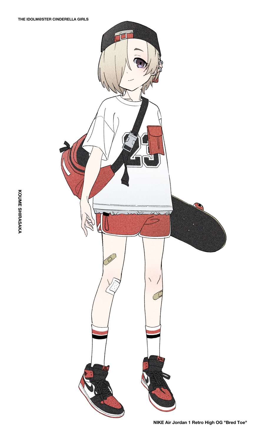 1girl acubi_tomaranai air_jordan_1 backwards_hat bandaid bandaid_on_knee bandaid_on_leg character_name closed_mouth copyright_name dolphin_shorts ear_piercing english_text fanny_pack fashion full_body grey_hair hair_over_one_eye hat high_tops highres holding holding_skateboard idolmaster idolmaster_cinderella_girls looking_at_viewer nike piercing product_placement red_shorts shirasaka_koume shirt short_hair short_shorts short_sleeves shorts simple_background skateboard smile snap-fit_buckle socks solo standing violet_eyes white_background white_legwear white_shirt