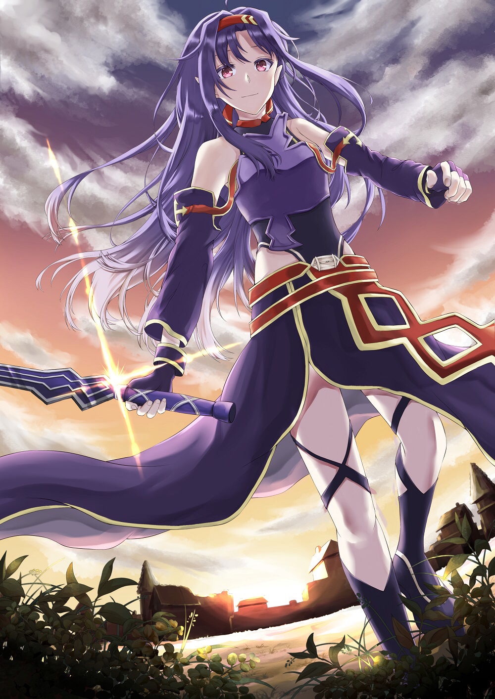 1girl anemonaris armor breastplate clouds cloudy_sky commentary_request detached_sleeves fingerless_gloves gloves highres holding long_hair looking_at_viewer outdoors pointy_ears purple_hair red_eyes rising_sun scenery sky solo sunburst sunrise sword_art_online yuuki_(sao)