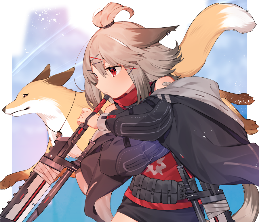 1girl akagashi_hagane animal animal_ears arknights bandaid bandaid_on_shoulder black_jacket black_shorts brown_hair commission cutter_(arknights) fox fox_ears fox_girl fox_tail from_side hair_ornament hairclip holding holding_sword holding_weapon jacket off_shoulder open_clothes open_jacket pouch red_eyes red_shirt shirt short_hair shorts skeb_commission sleeveless sleeveless_shirt solo sword tail upper_body weapon x_hair_ornament