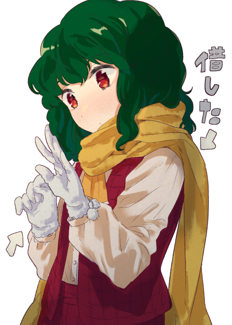 1girl arrow_(symbol) ascot bangs clenched_hand closed_mouth commentary_request dress_shirt enpera expressionless eyebrows_visible_through_hair from_side fur-trimmed_gloves fur_trim gloves green_hair hands_up kazami_yuuka kinosaki long_sleeves looking_at_hand looking_at_hands looking_away looking_down medium_hair no_pupils open_clothes open_hand open_vest plaid plaid_skirt plaid_vest pom_pom_(clothes) puffy_long_sleeves puffy_sleeves red_eyes red_skirt red_vest scarf shirt shirt_tucked_in simple_background skirt skirt_set solo touhou translation_request upper_body vest wavy_hair white_background white_gloves white_shirt winter_clothes yellow_ascot yellow_scarf