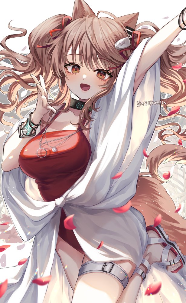 1girl :d angelina_(arknights) angelina_(summer_flowers)_(arknights) animal_ears arknights arms_up bangs blush bracelet breasts brown_hair casual_one-piece_swimsuit collar collarbone eyebrows_visible_through_hair eyelashes fox_ears fox_girl fox_tail hair_ribbon hakusai_ponzu infection_monitor_(arknights) jewelry large_breasts leg_up long_hair looking_at_viewer necklace official_alternate_costume one-piece_swimsuit open_clothes open_mouth orange_eyes petals red_ribbon red_swimsuit ribbon sandals smile solo standing standing_on_one_leg swimsuit tail thigh_strap twintails very_long_hair white_footwear