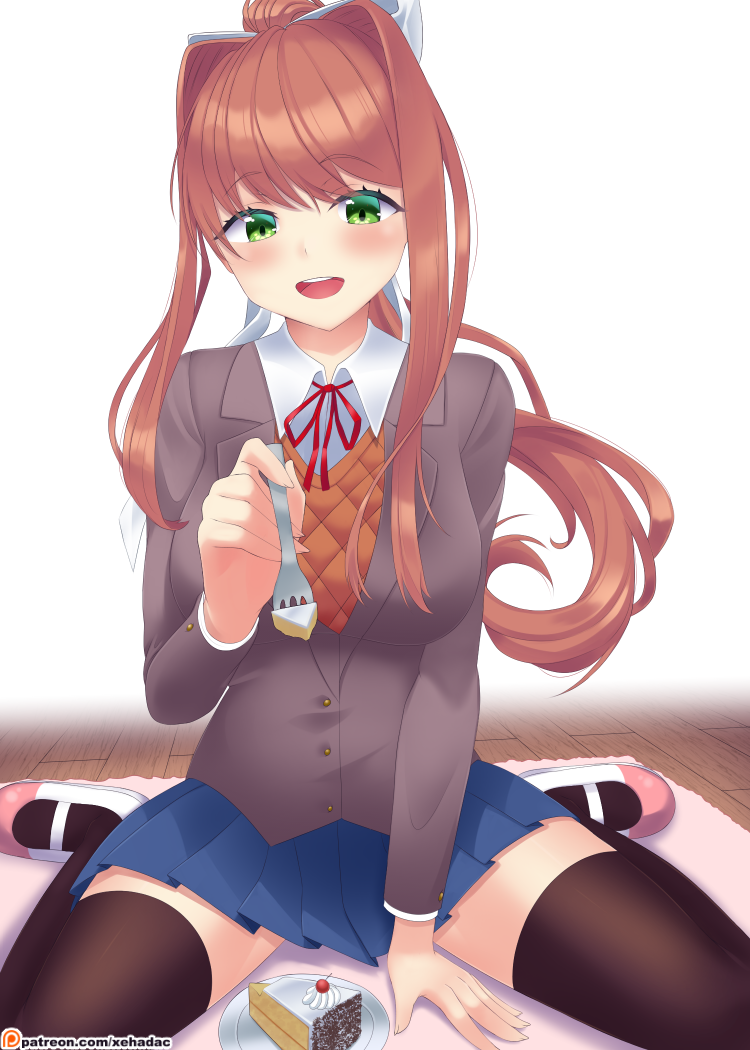 1girl brown_hair cake doki_doki_literature_club food fork green_eyes holding long_hair looking_at_viewer monika_(doki_doki_literature_club) ponytail sitting smile xehadac